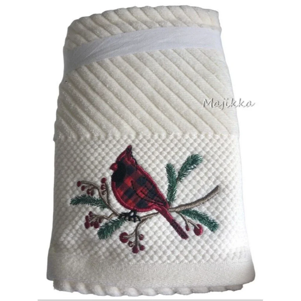Cardinal Christmas Hand Towels Set of 2 Embroidered Buffalo Plaid Merry Bright